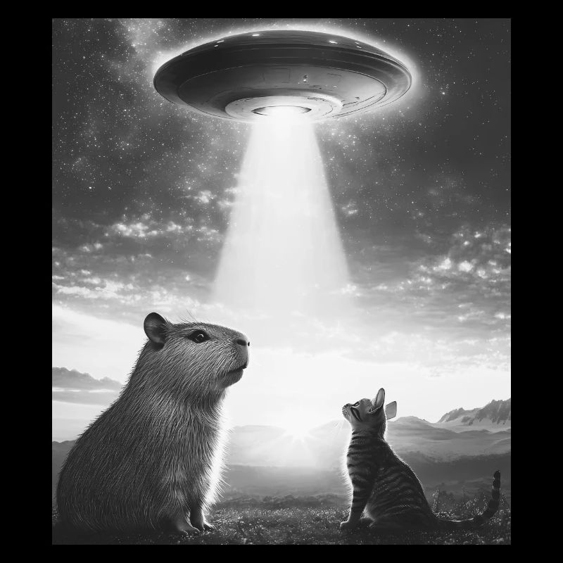 Selfie graphique drôle de capybara avec des ovnis étranges