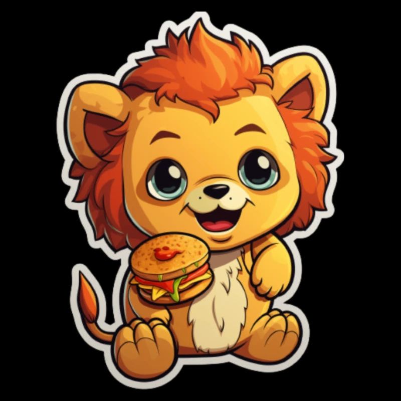 autocollant de dessin animé d’un lion mignon mangeant un hamburger