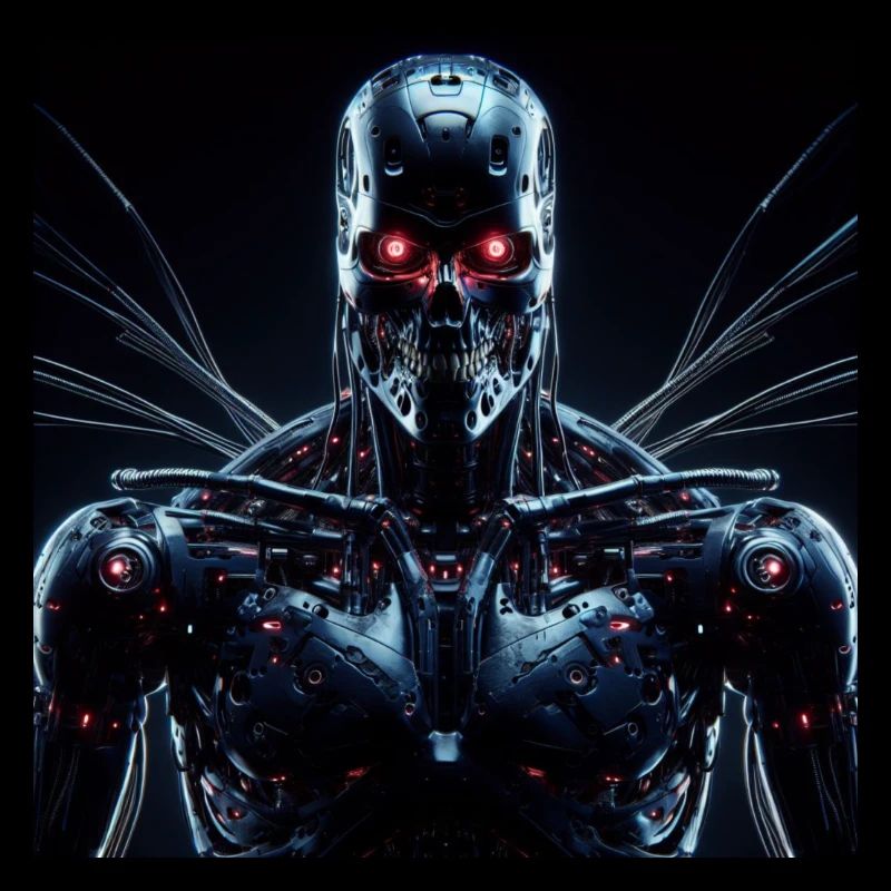 Cyborg mit roten Augen auf schwarzem Hintergrund