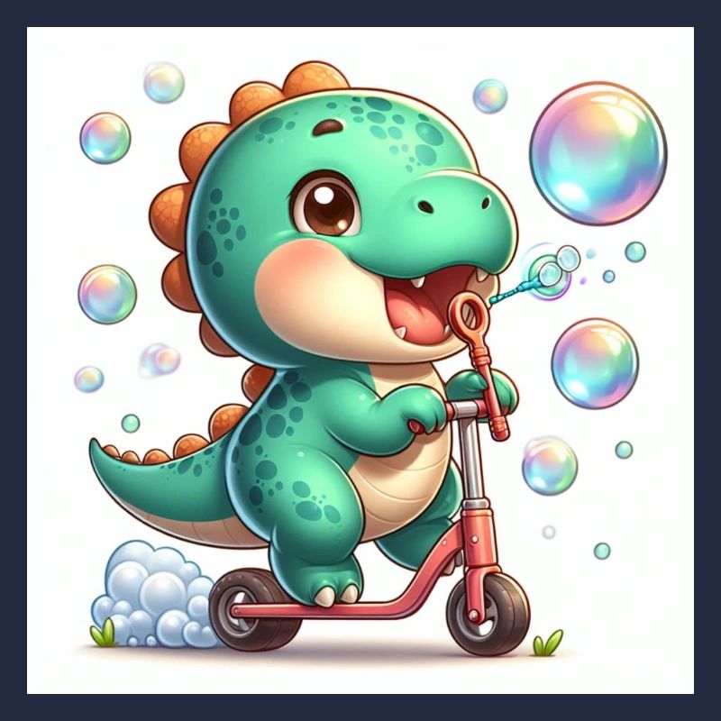 Dino mit Seifenblasen auf einem Roller
