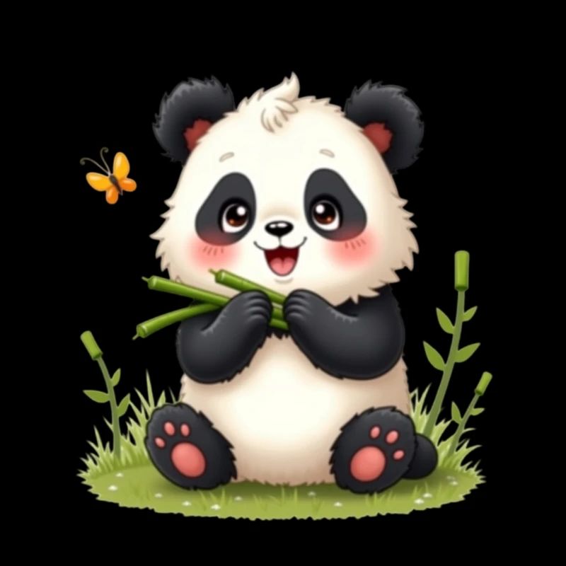 Mignon panda de dessin animé avec bambou et papillon