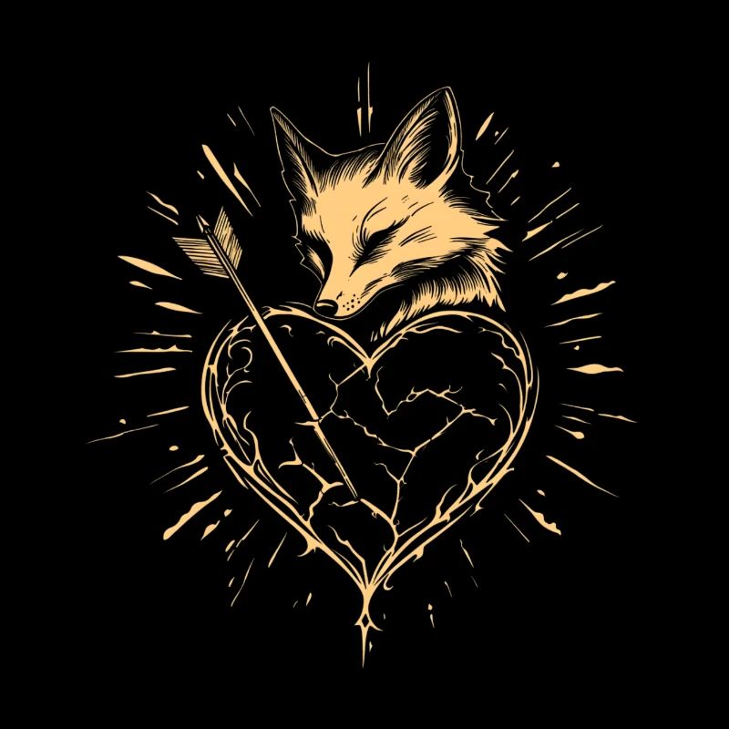 Gelber Fuchs auf gebrochenem Herzen mit Pfeil