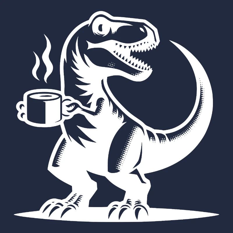 Grimmiger Morgenmuffel Dino mit Kaffeetasse
