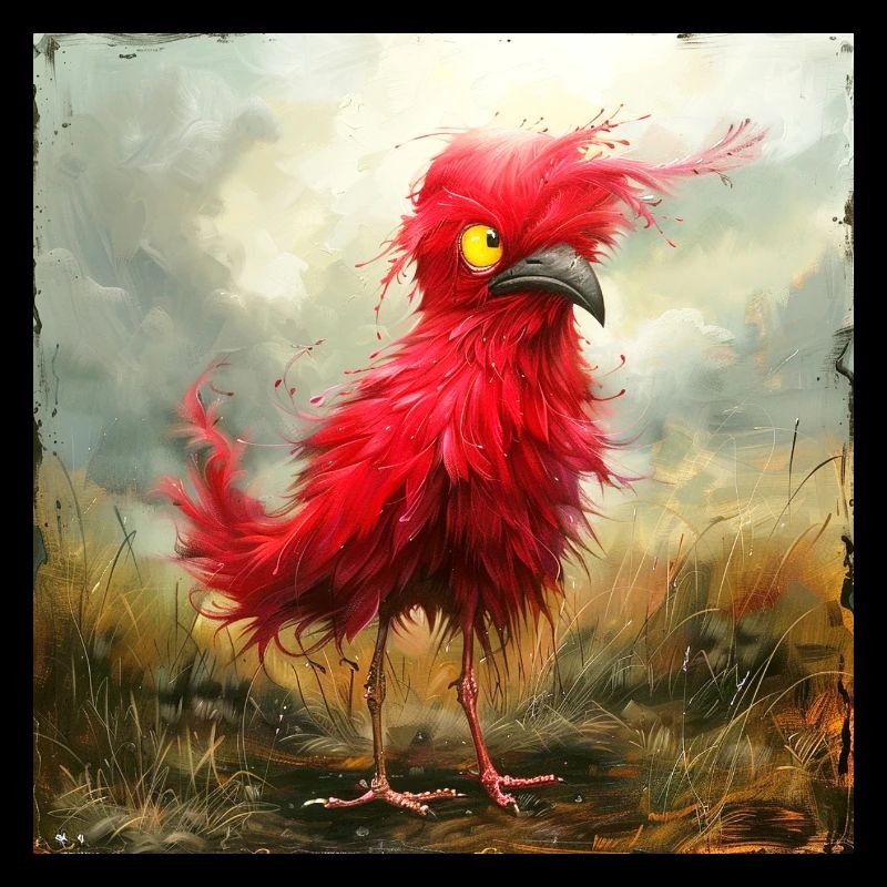 small red tousled bird with yellow eyes