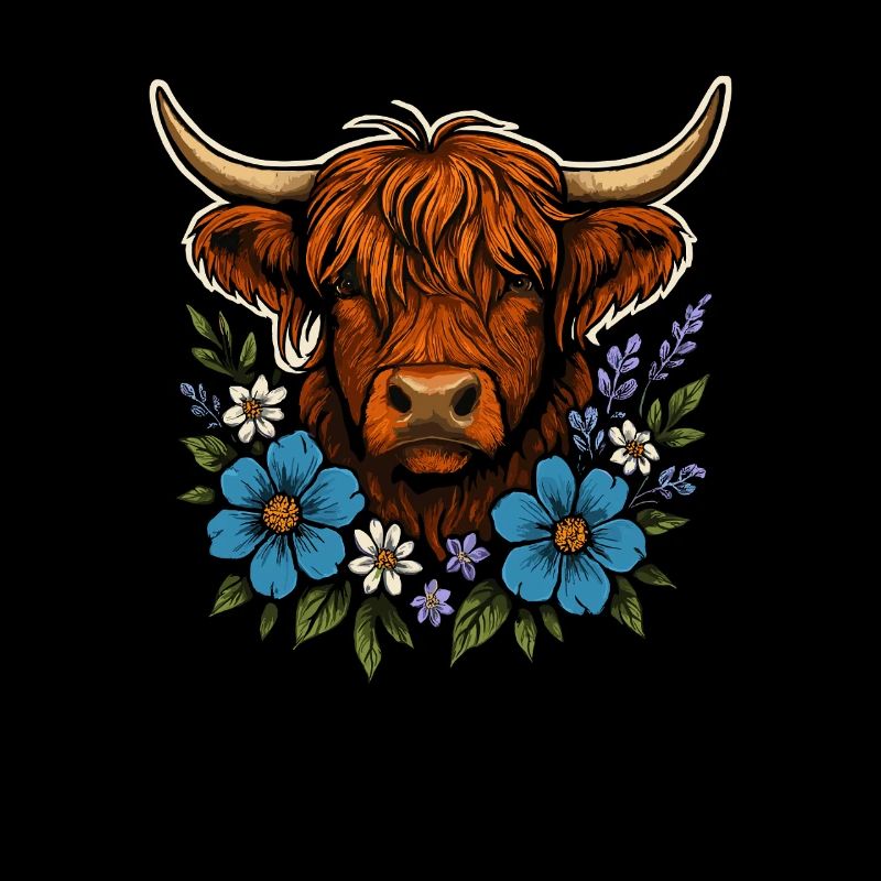 Vache des Highlands avec couronne de fleurs – Style de vie à la campagne