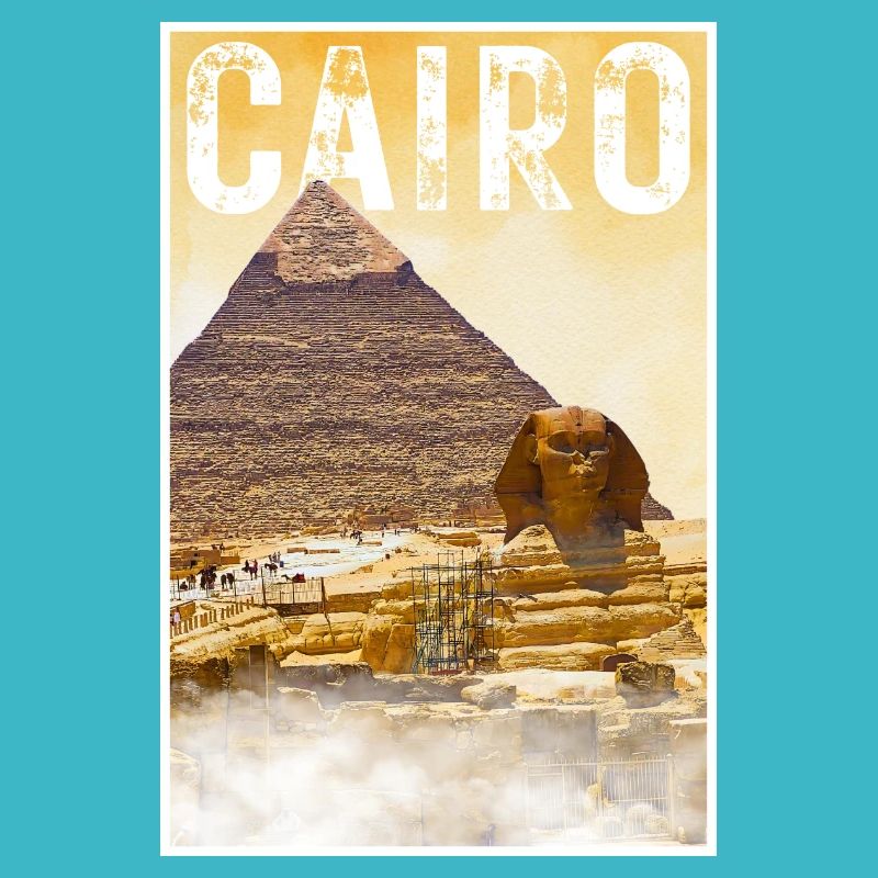 Affiche de voyage vintage du Caire avec pyramide et sphinx