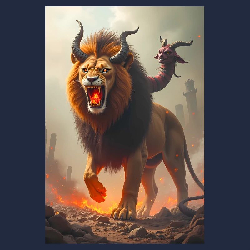 Chimera, three-headed monster, lion breathing fire