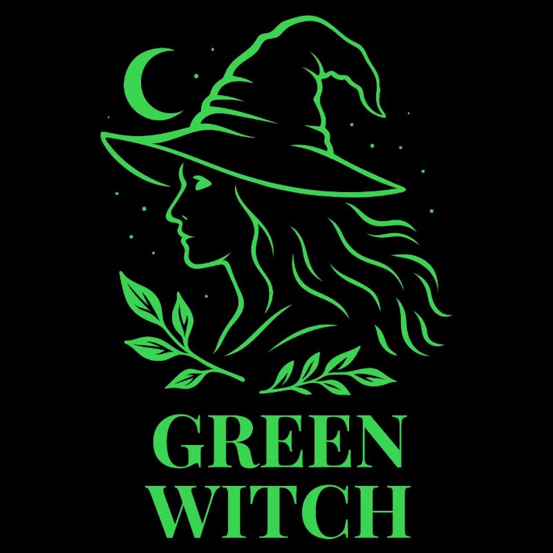 Green Witch with Moon and Leaves in Green
