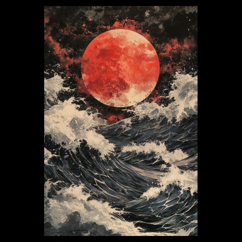 Lune rouge sur une mer orageuse