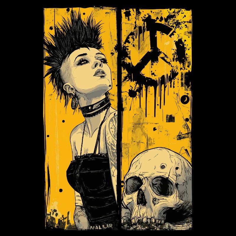 Grunge Punkfrau mit Schädel im Gelb