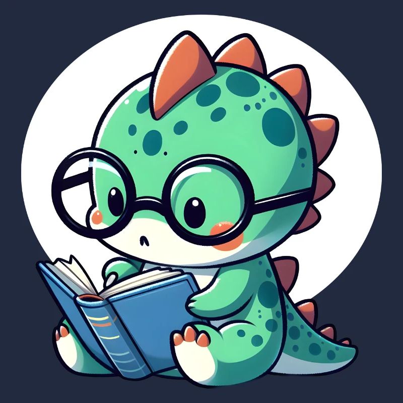 Dino mit Lesebrille liest Buch