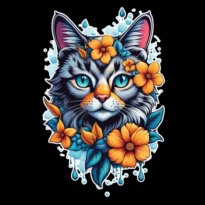 chat et fleur aquarelle