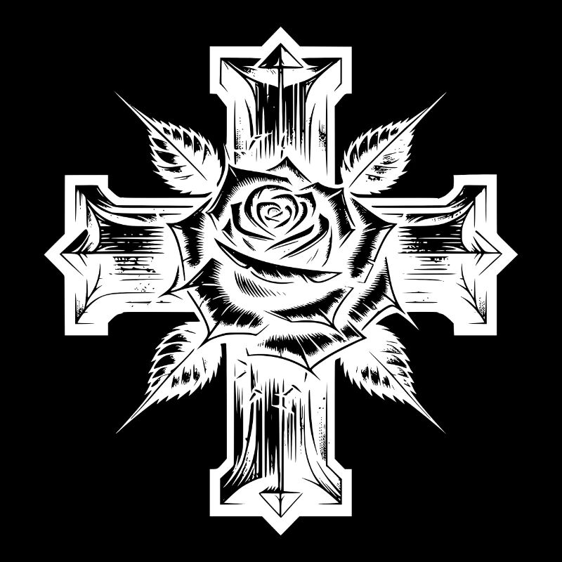 Rose mit Dornen auf einem Kreuz