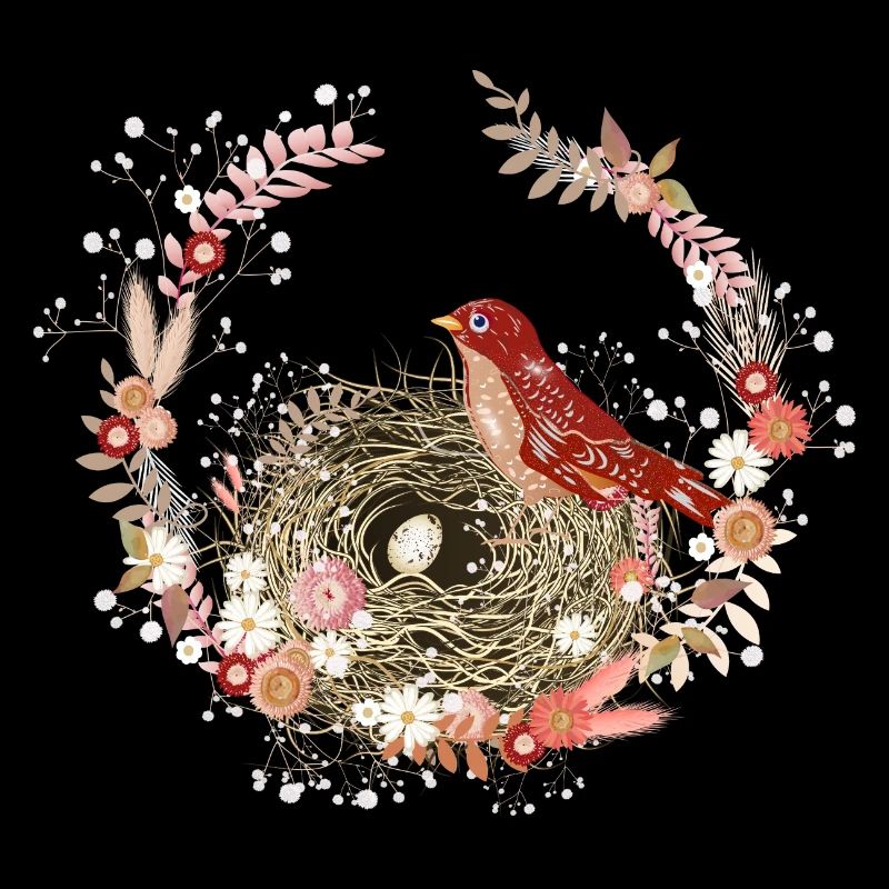 Couronne de fleurs séchées avec nid d’oiseau et motif d’oiseau