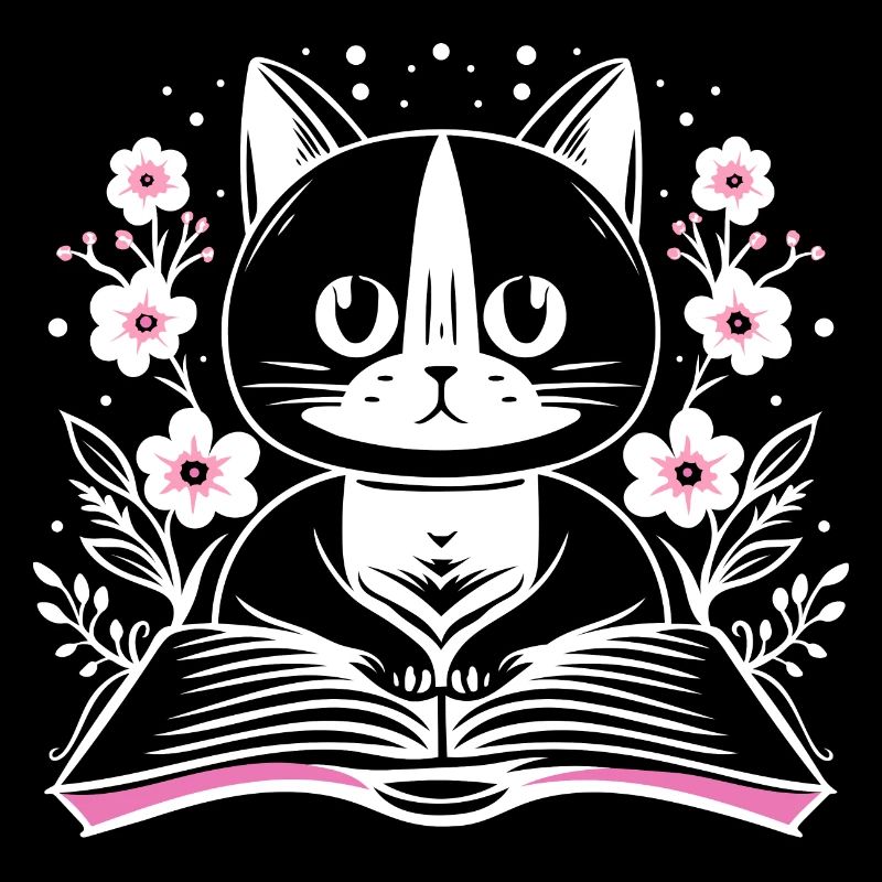 Lecture chat mignon avec livre et fleurs