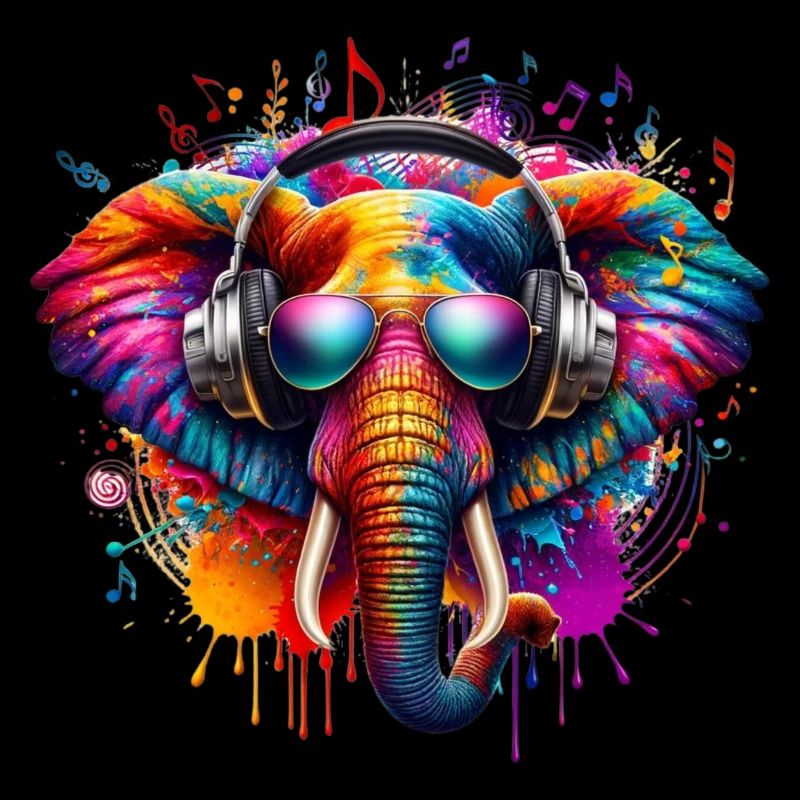 Éléphant coloré avec des écouteurs