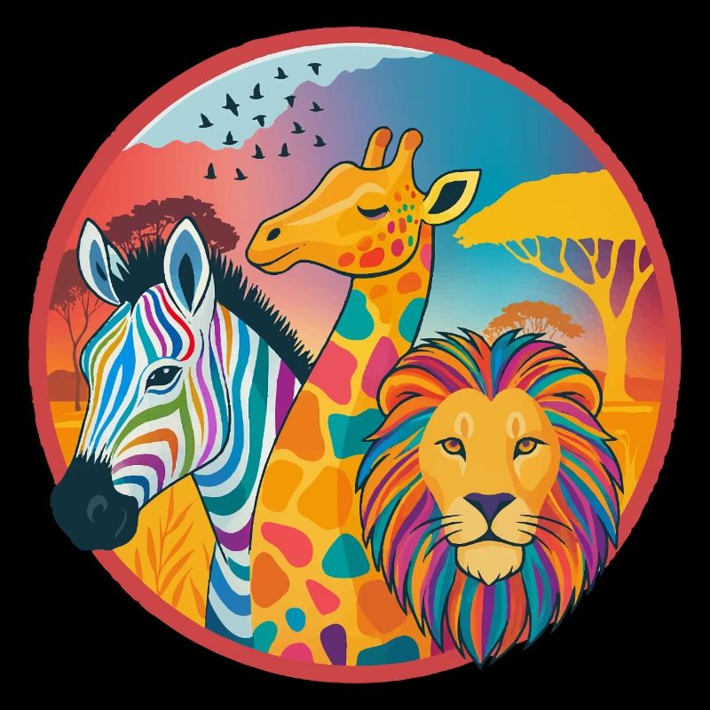 Farbenfrohes Savannen-Trio: Zebra, Giraffe, Löwe