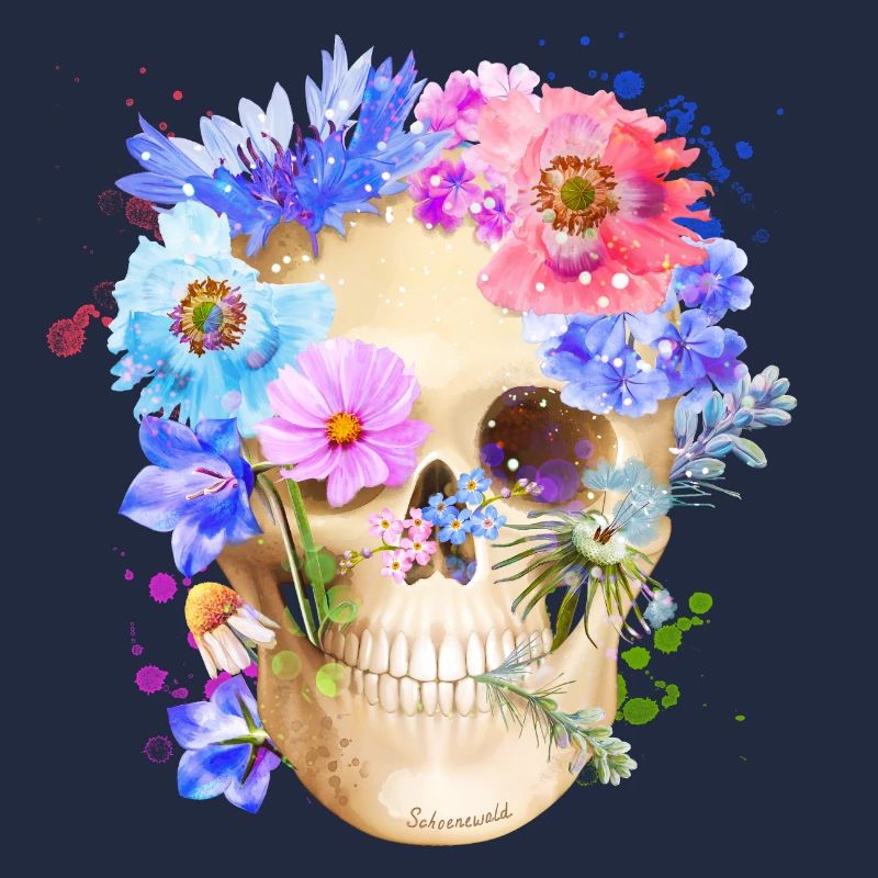 Farbenfroher Schädel mit Blumen Mohn