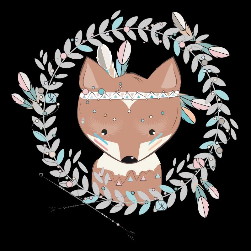 small fox with feather decoration in ethno frame