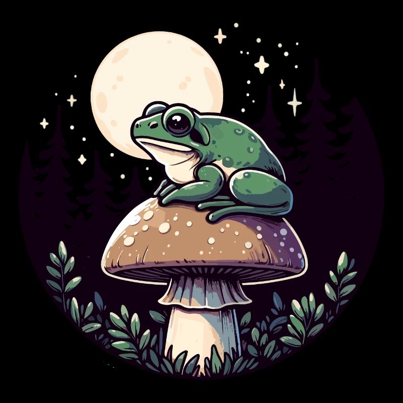 Frog with mushroom in moonlight cottagecore