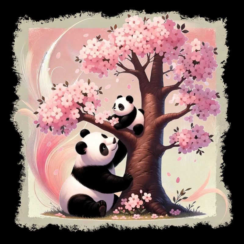 maman et bébé pandas au cerisier