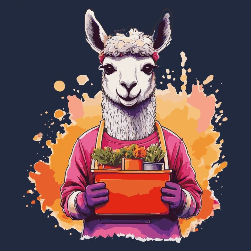 Lama im Garten mit Blumenkorb