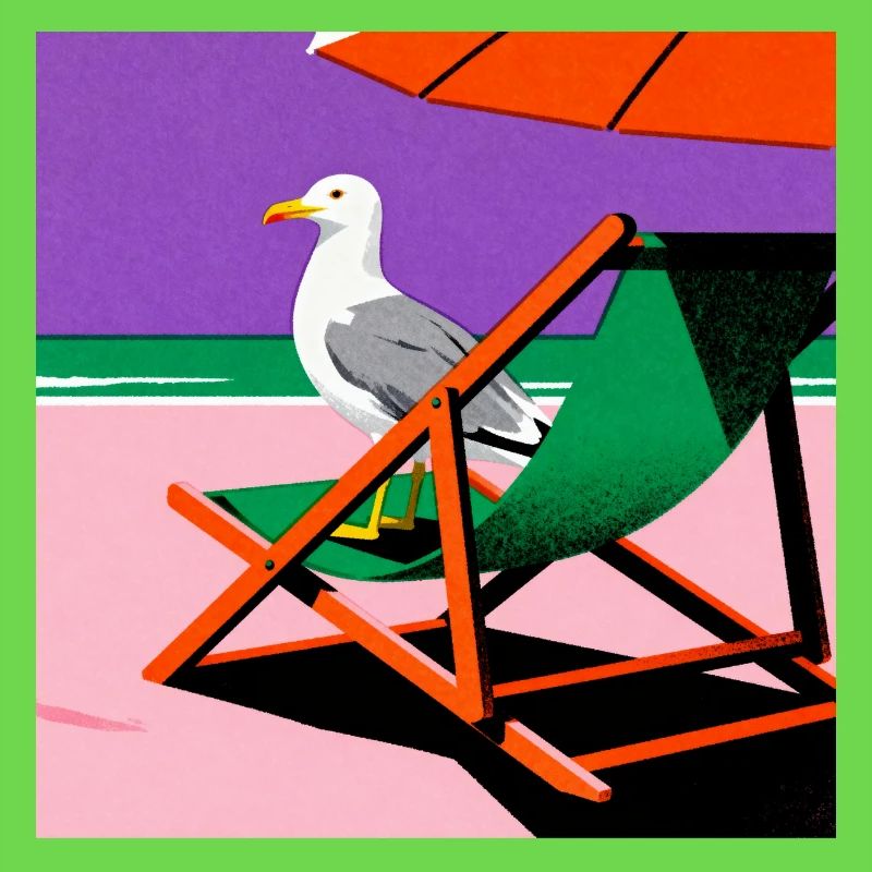 Chaise de plage colorée et mouette