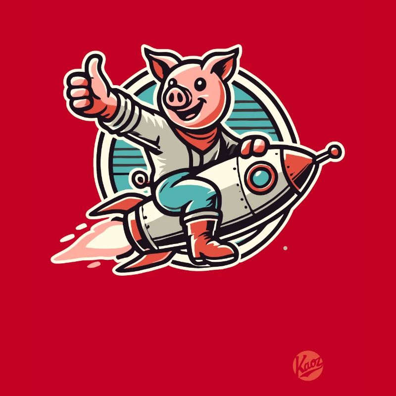 Daumen hoch, ein Schwein auf einer Rakete