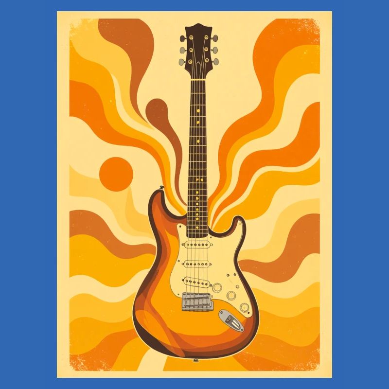 Psychedelische Retro-Gitarre mit lebendigen Siebzigern