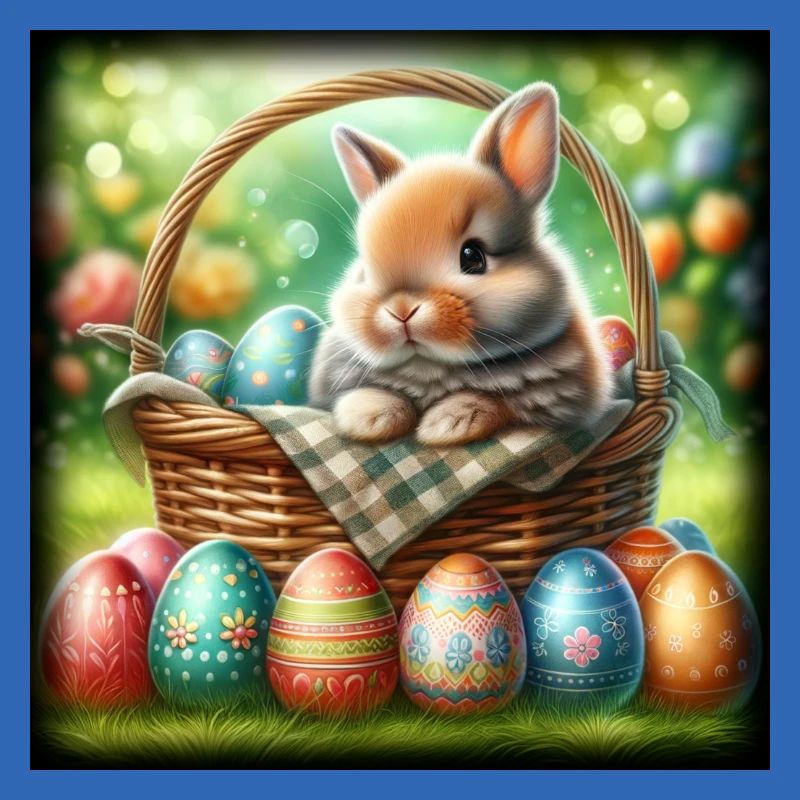 A cute bunny sits in a basket