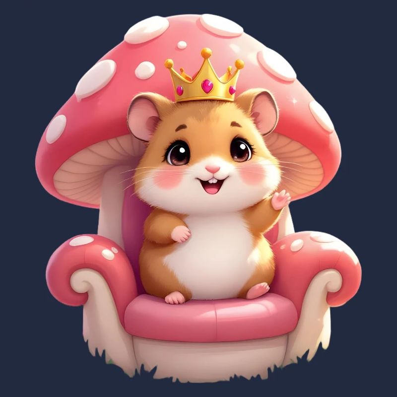 Cute hamster with crown on mushroom throne