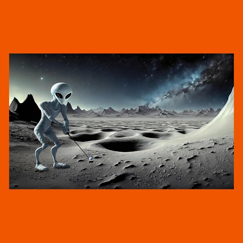 grey alien on the moon surface – playing golf