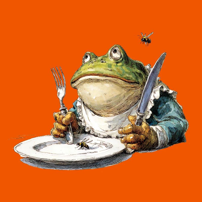 Grenouille à table avec des couverts