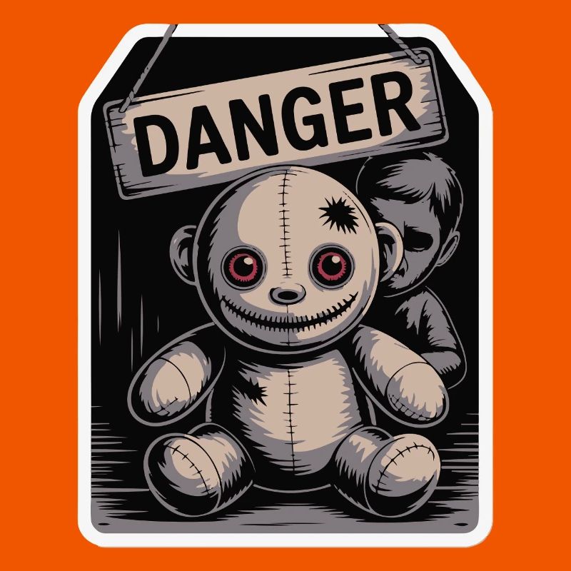 Poupée étrange avec un panneau de danger