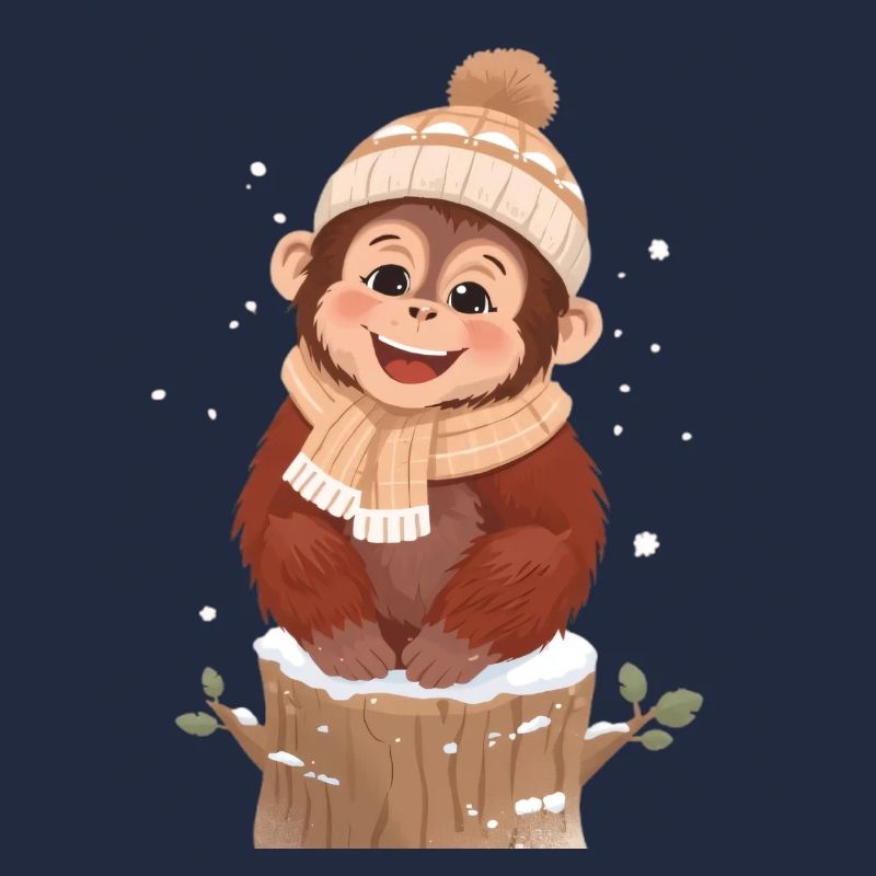Winter monkey on tree stump