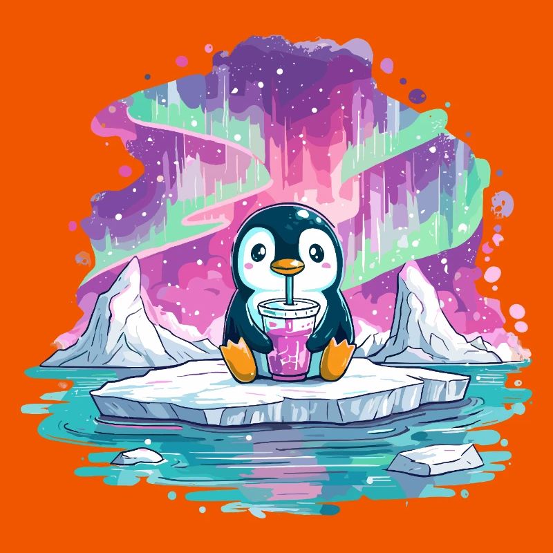 Pinguin auf Eis mit pinkem Drink