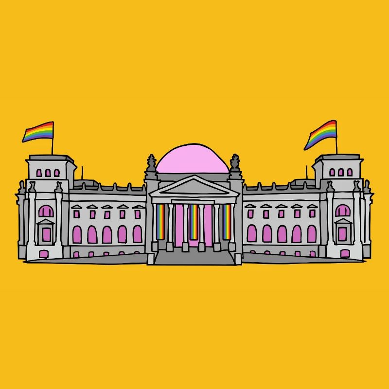 Der Bundestag in Berlin mit Regenbogenfahnen