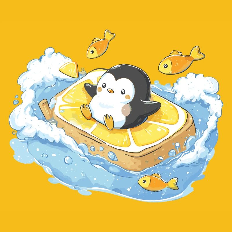 Captain Penguin on Orange Surfboard