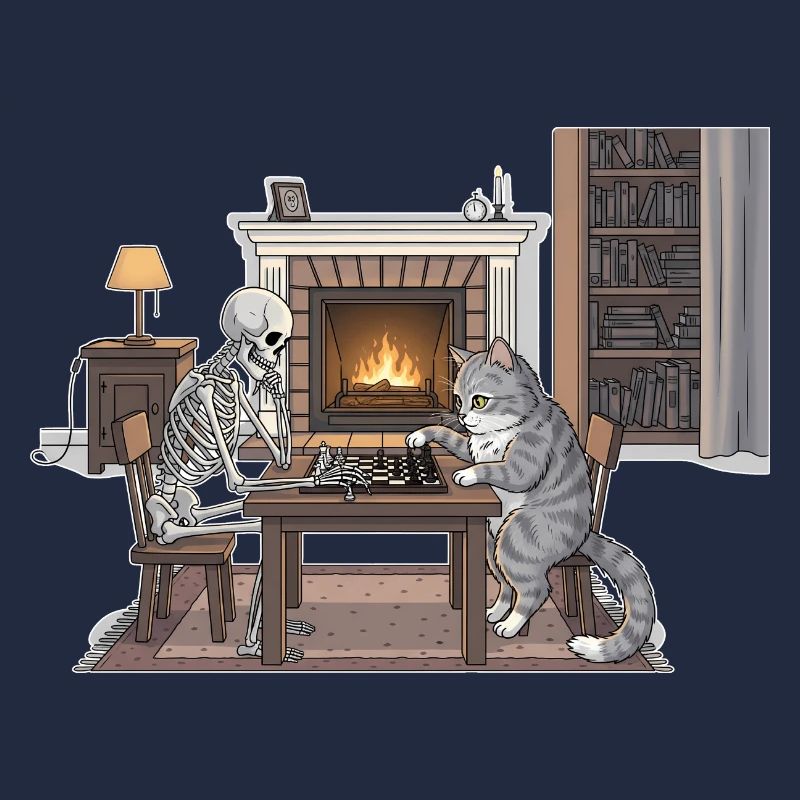 Salle de cheminée confortable avec échecs et chat