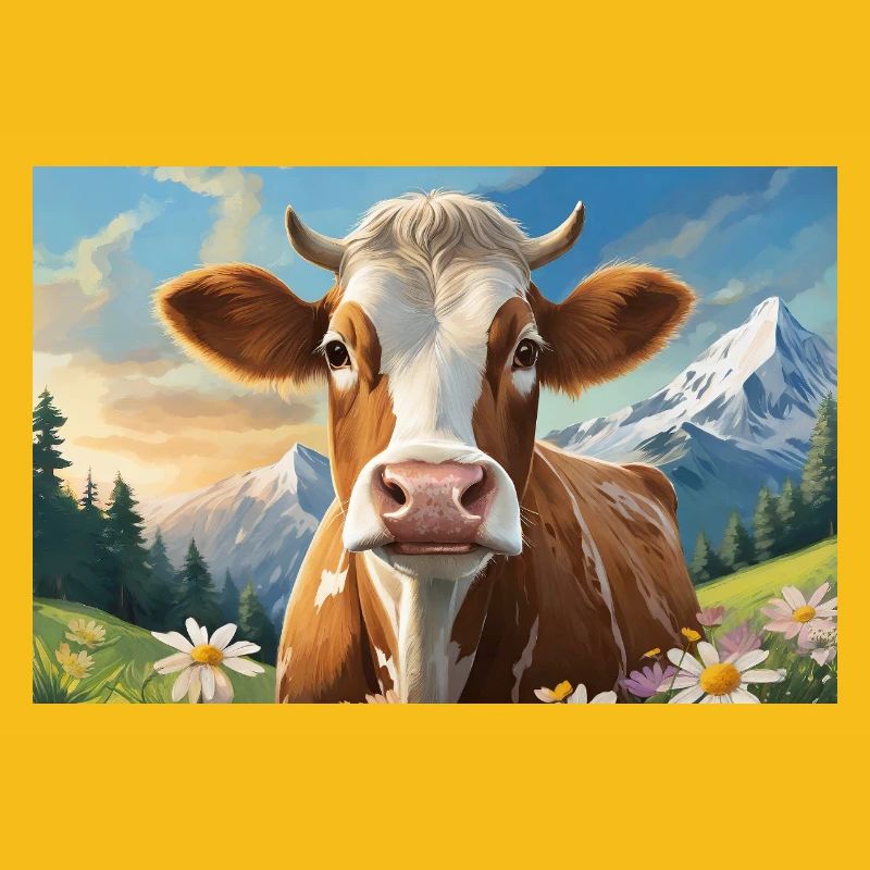 Vache joyeuse dans le panorama alpin