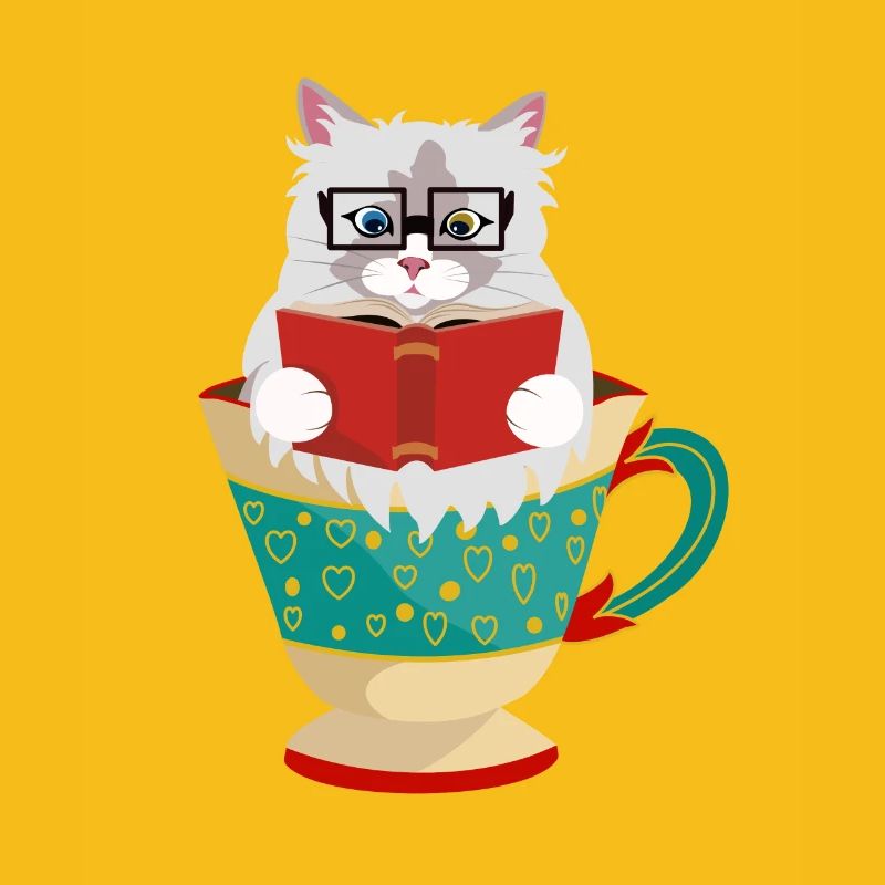 Niedliche Ragdoll-Katze, die ein Buch in einer Kaffeetasse liest