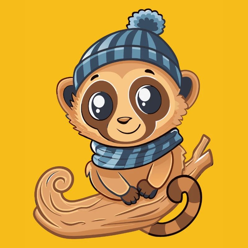 Mignon lémurien avec écharpe et chapeau à pompon.