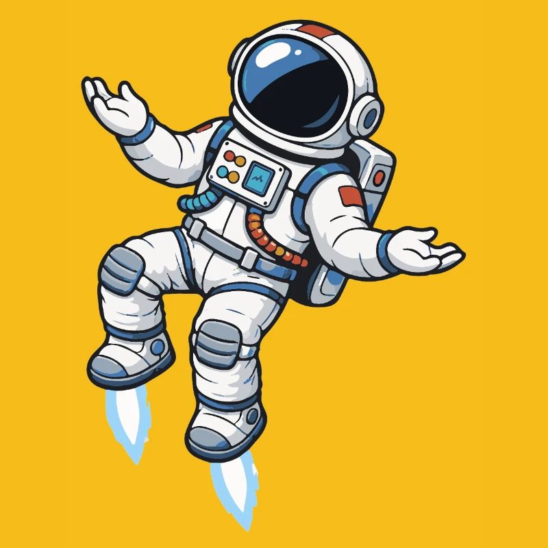 Schwebender Comic Astronaut mit Raketenantrieb