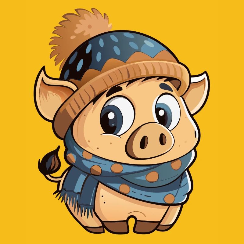 Mignon cochon avec écharpe et chapeau à pompon.