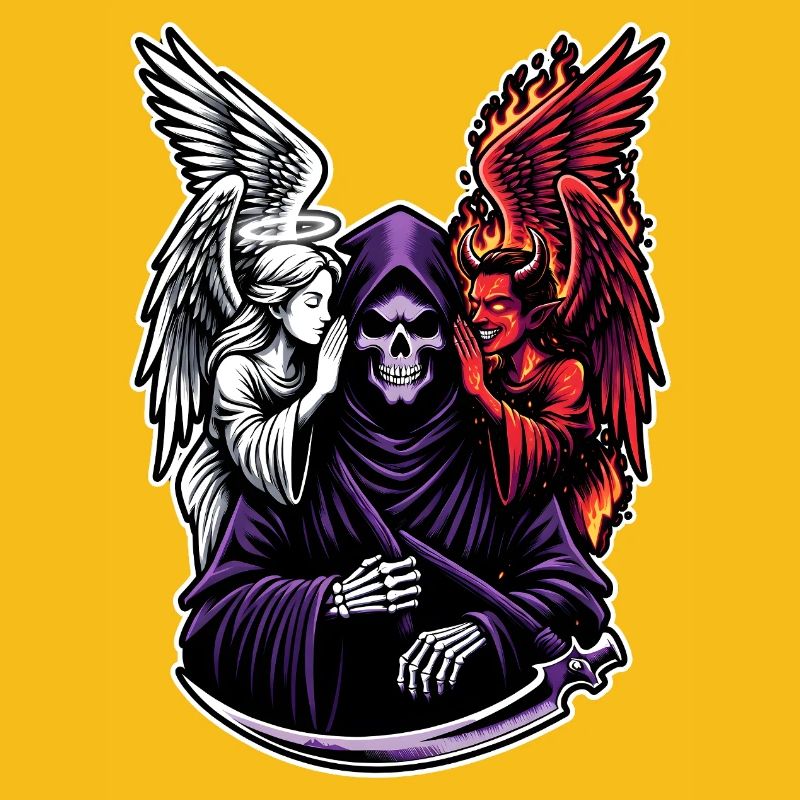Sensenmann mit Engel und Dämon