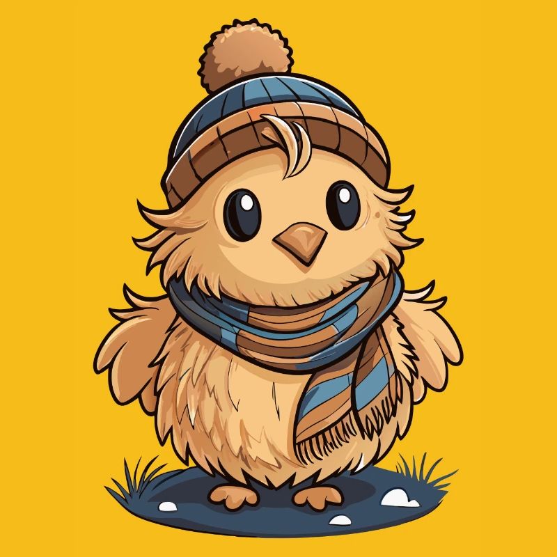 Mignon caneton avec écharpe et bonnet à pompon.