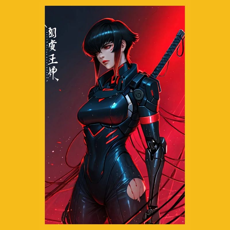 Red Wired Cyberpunk Samurai with Katana