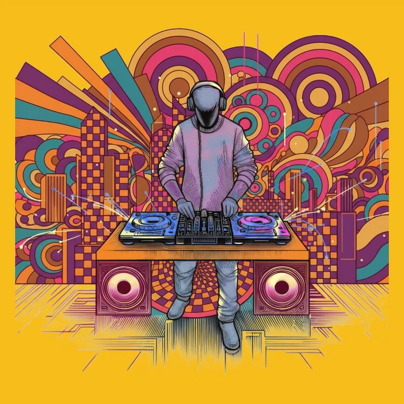Futuristic DJ in a psychedelic background