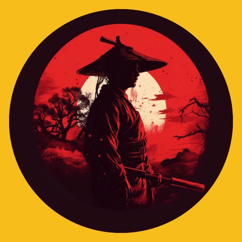 Samouraï à l’épée katana rouge silhouette de soleil