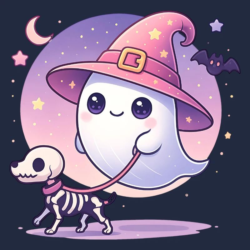 Pinker Hexen‑Geist mit Skelett‑Hund – Halloween